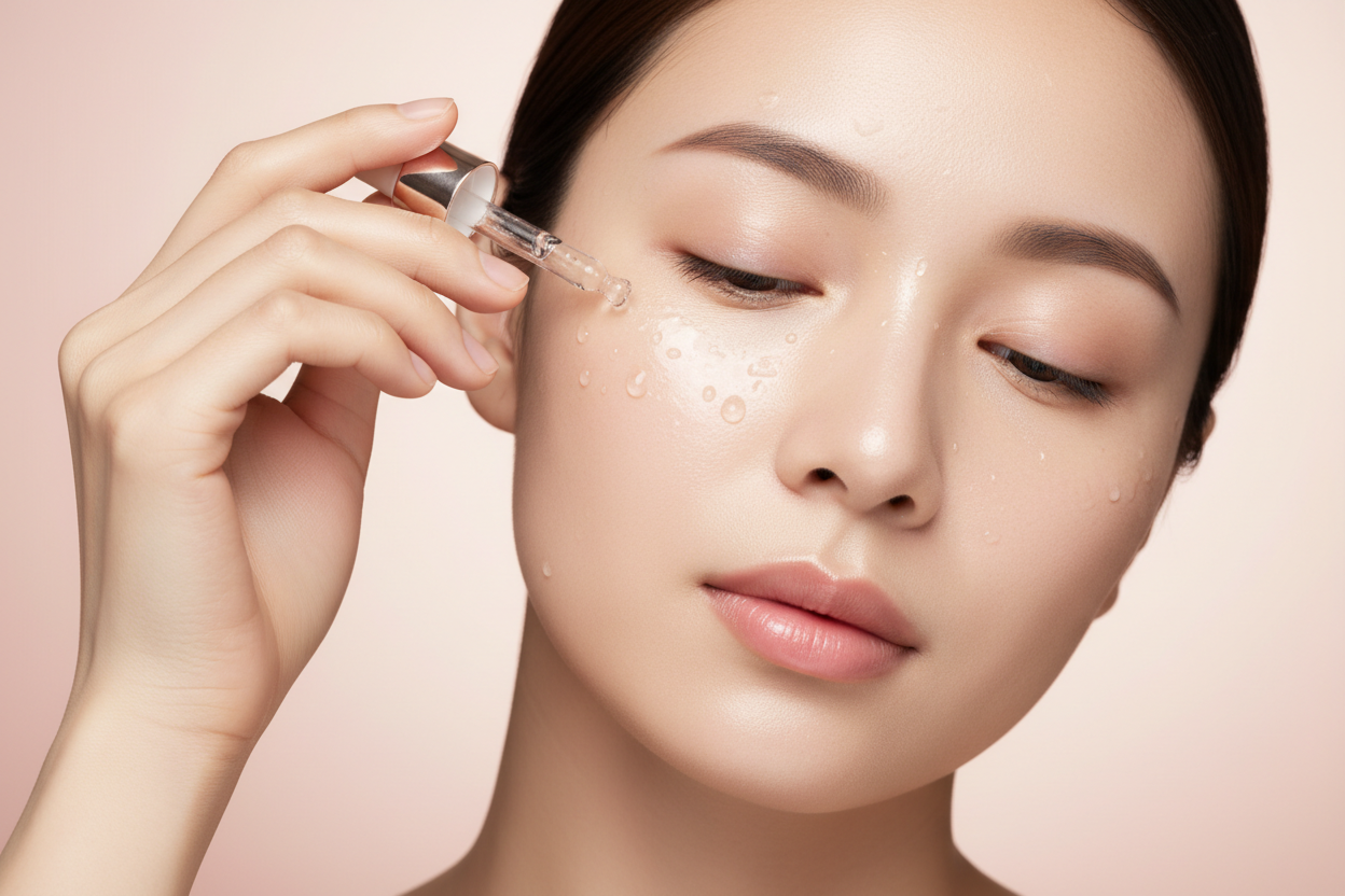 Close-up female face, glass skin glow,
skincare applied on face,
soft pink background, studio lighting,
premium beauty photography,
no text, no logo
