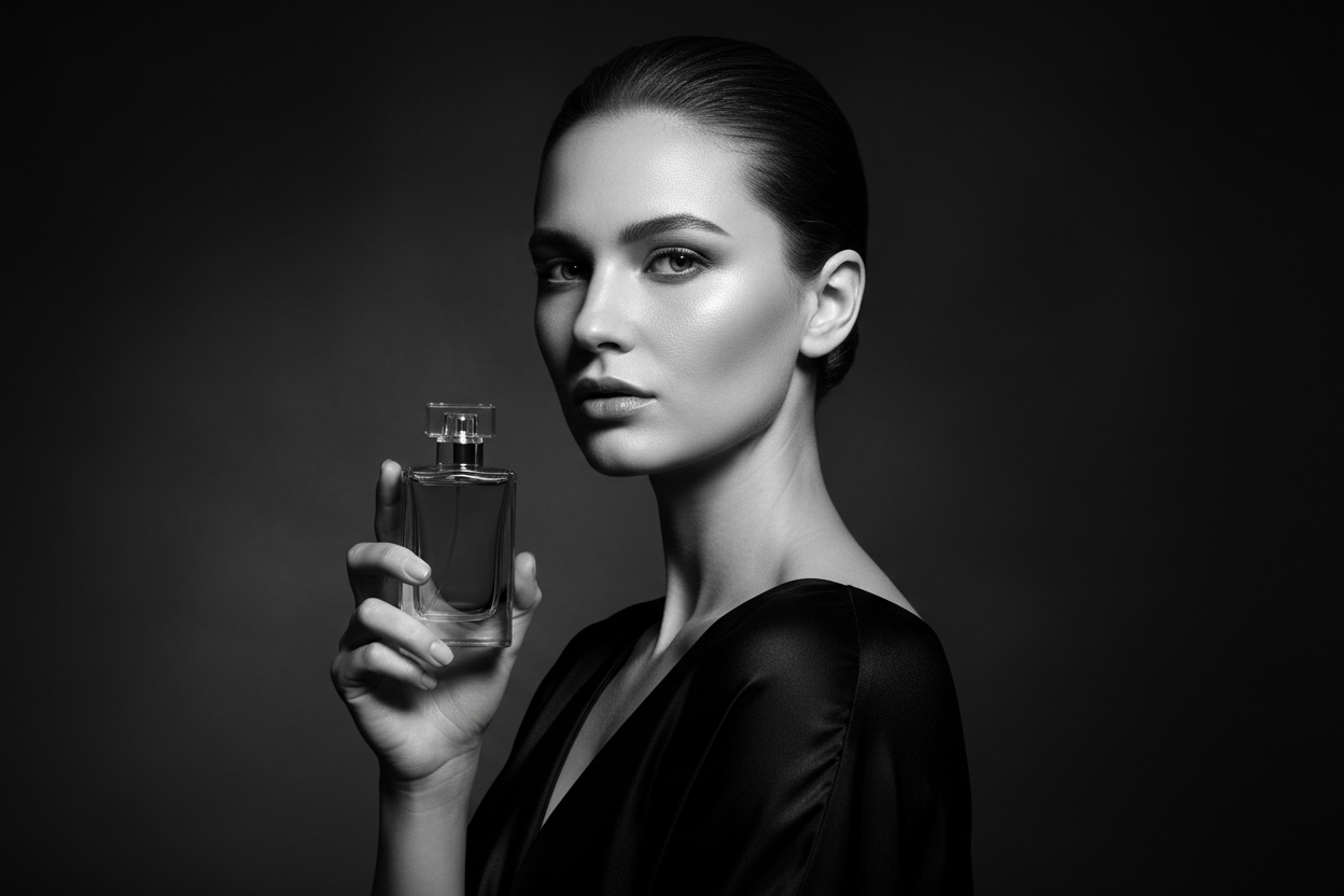 Luxury black and white perfume campaign photography,
female model portrait, elegant and intense expression,
cinematic lighting with soft highlights and deep shadows,
minimalist glass perfume bottle, no branding,
editorial fashion photography, premium fragrance ad style,
high contrast monochrome, dramatic and sophisticated atmosphere,
ultra realistic skin texture, shallow depth of field,
studio lighting, dark elegant background,
no text, no typography, no logo
