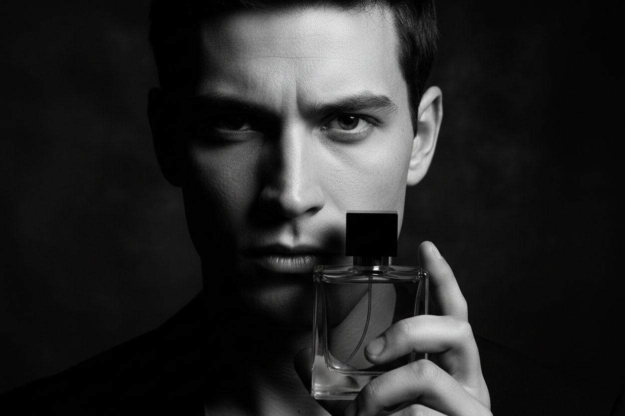 Luxury black and white perfume campaign photography,
male model portrait, intense and moody expression,
cinematic lighting with soft highlights and deep shadows,
minimalist glass perfume bottle, no branding,
editorial fashion photography, premium fragrance ad style,
high contrast monochrome, dramatic atmosphere,
ultra realistic skin texture, shallow depth of field,
studio lighting, dark elegant background,
no text, no typography, no logo
